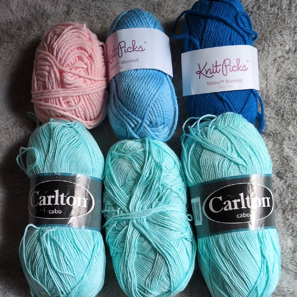 Knit Picks and Carlton Yarn Lot - Blues, Aqua and Pink - 6 skeins